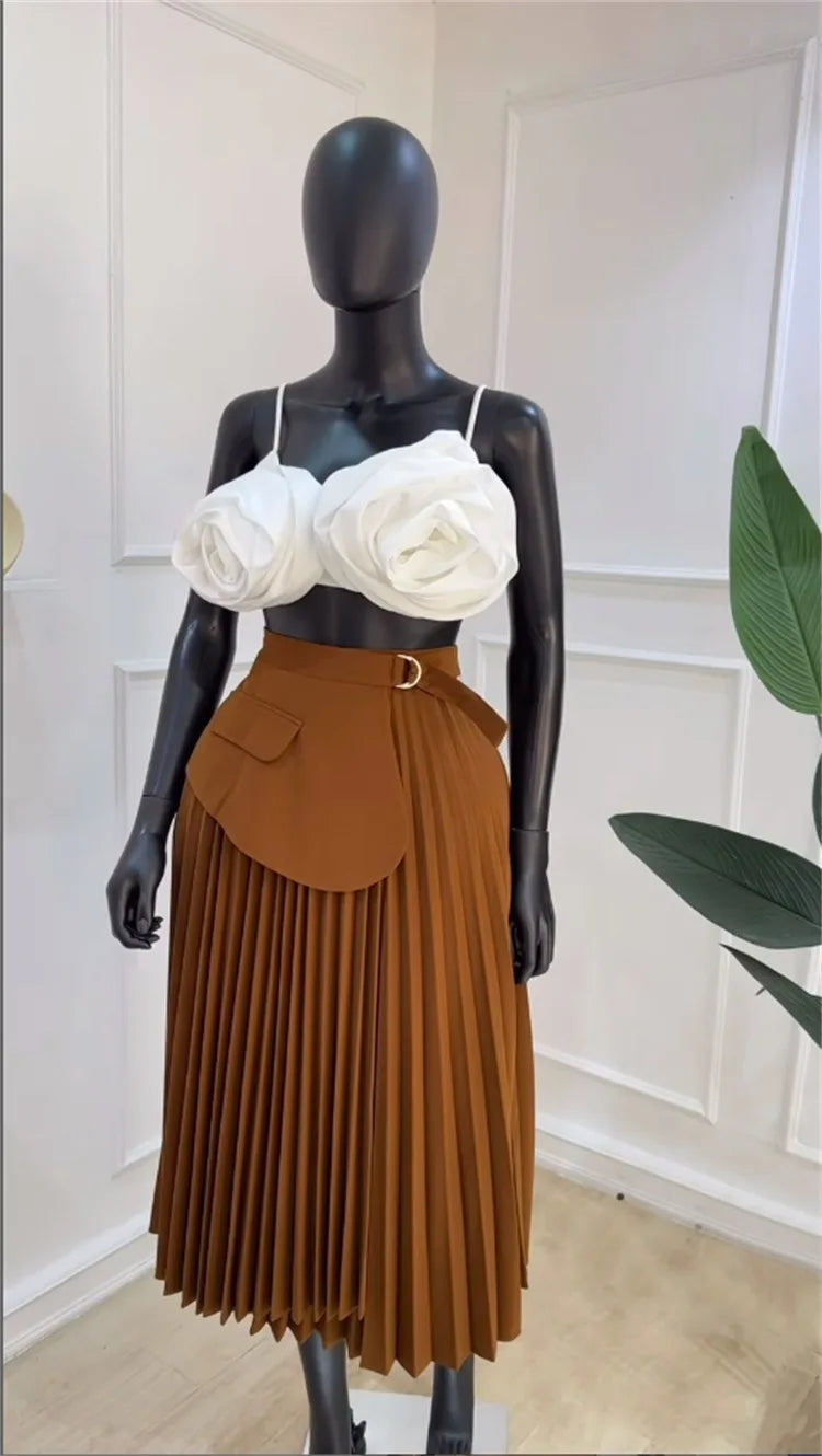 High Waist Patchwork Belt Big Swing Pleated Maxi Skirt