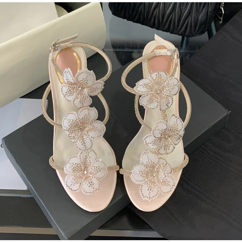 Rhinestones Lace Flowers Decor Heels
