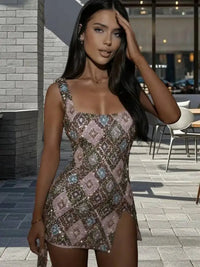Colorful Diamond Pattern Sequin Slit Mini Dress