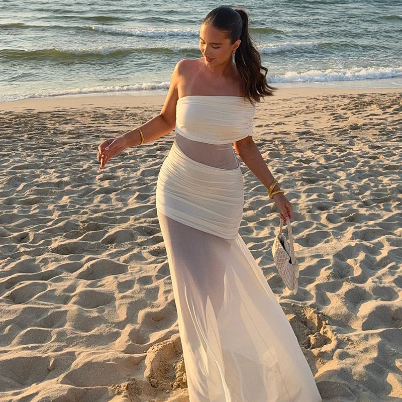 One Shoulder Mesh Sexy Maxi Dress