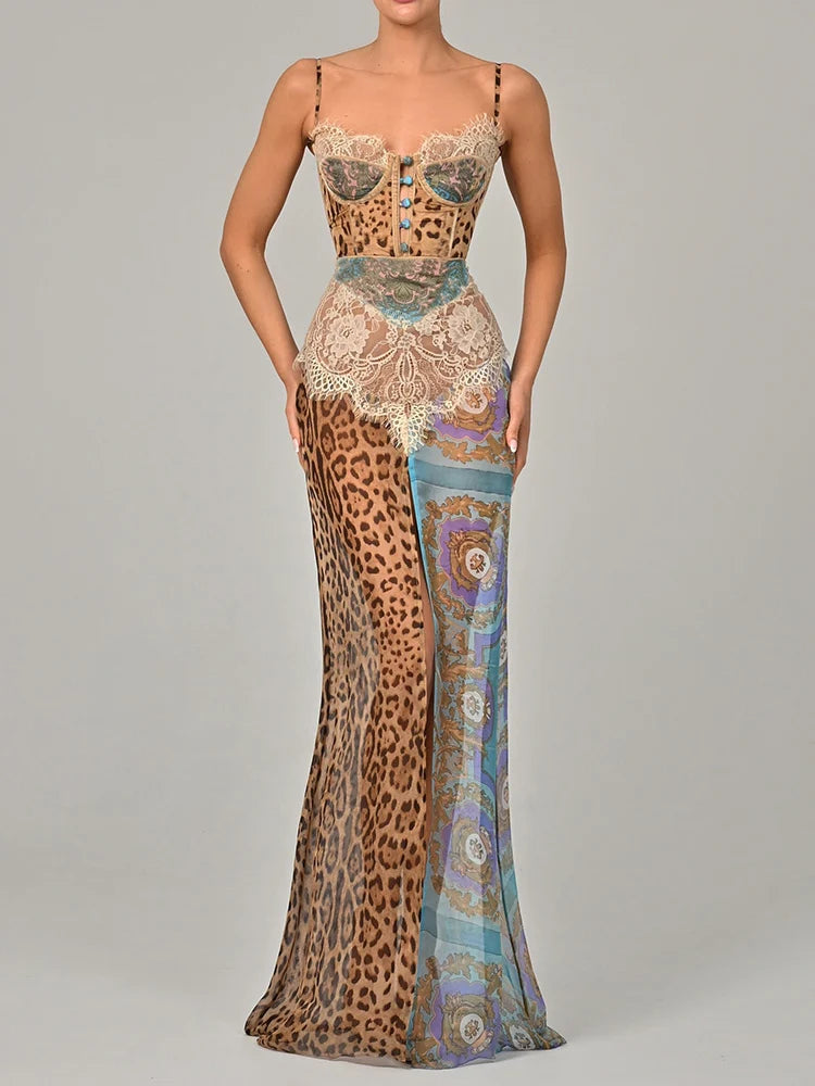 Leopard Print Lace Split Sexy Maxi Dress