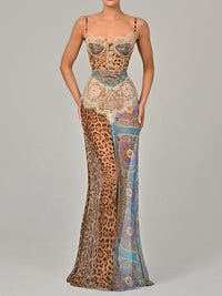 Leopard Print Lace Split Sexy Maxi Dress