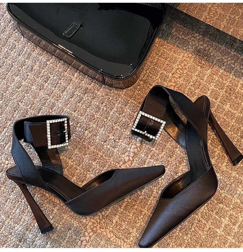Luxury Satin Rhinestones Square Buckle Pumps