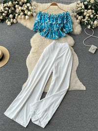 Ruffles Floral Print Elastic Waist Wide Leg Long Pants+Top Set