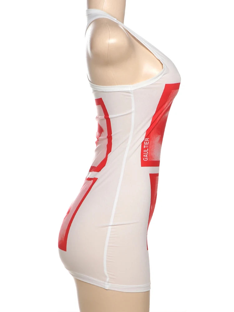 Mesh Lip Print Y2K O-neck Sleeveless Mini Dress