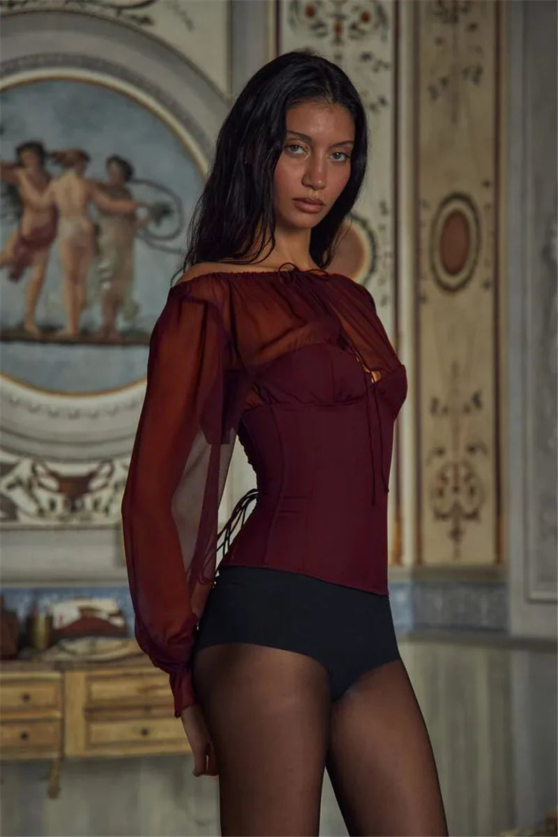 Wine Red Chiffon Long Sleeve Sexy Lace-up Blouse