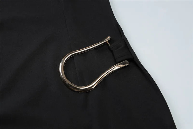Metal Buckle O Neck High Waist Short Sleeve Mini Dress