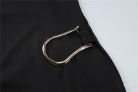 Metal Buckle O Neck High Waist Short Sleeve Mini Dress