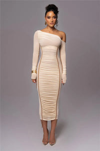 Diagonal Collar Long Sleeve Midi Dress