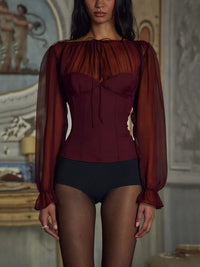 Wine Red Chiffon Long Sleeve Sexy Lace-up Blouse