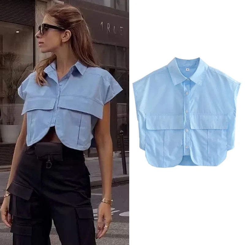 Cropped Button Short sleeve Crop top
