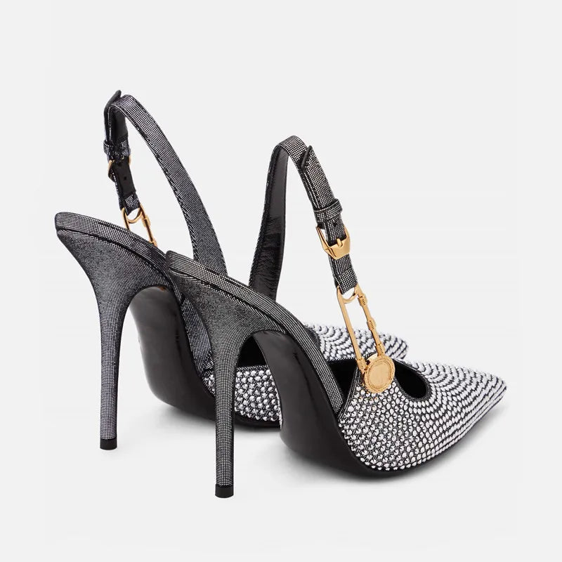 Luxury Rhinestone Sequined Buckle Pointed toe Slingback Stiletto