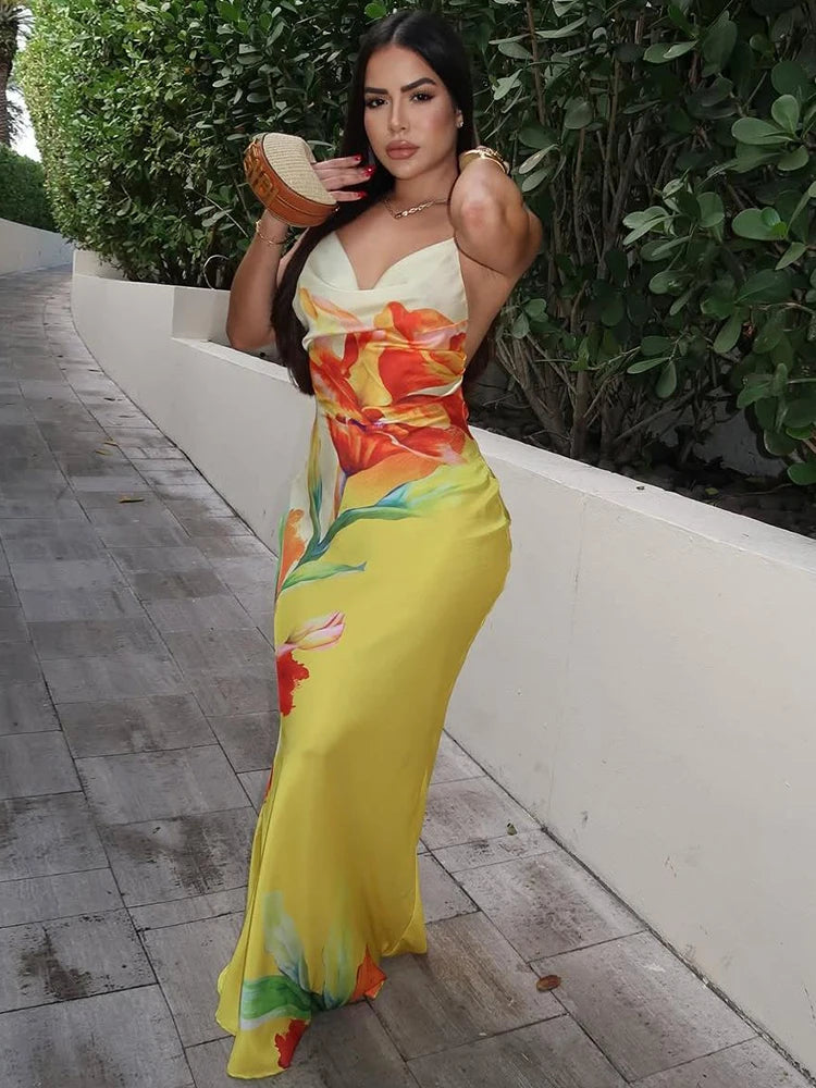 Floral Print Backless Lace-Up Ruched Swing Collar Maxi Dress