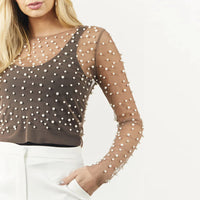 Pearl Mesh See Through Long Sleeve T-shirt