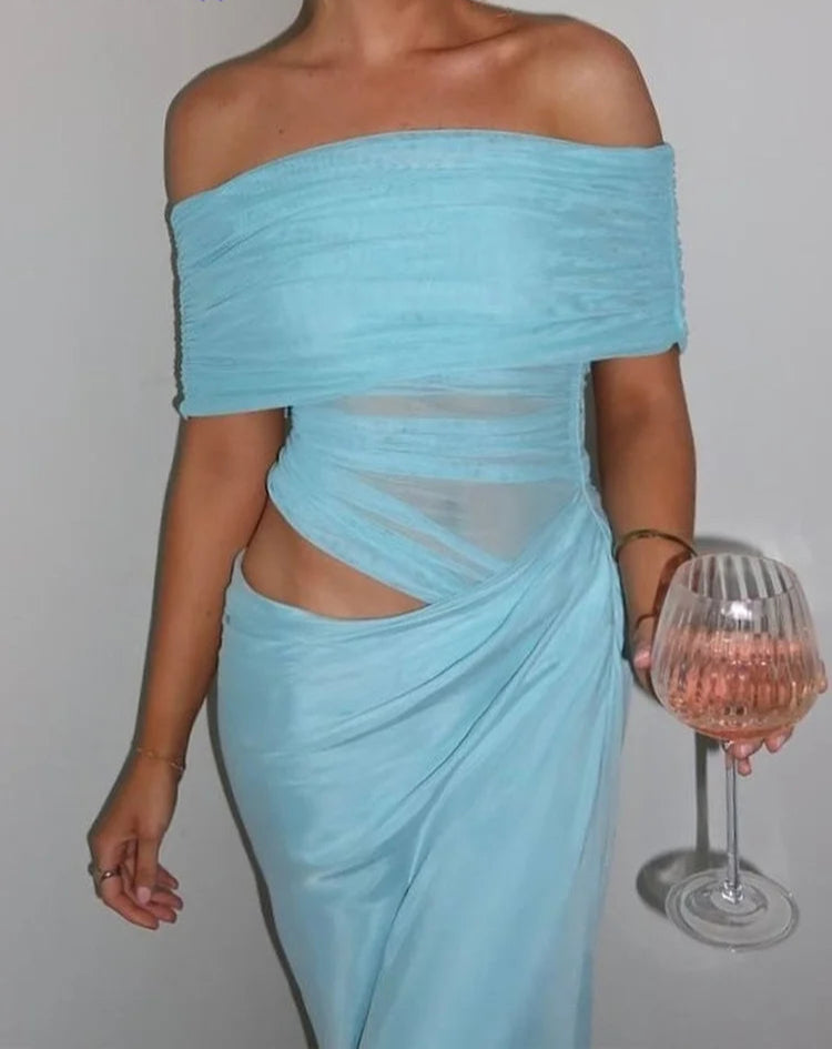 Ruched Irregular Mesh Patchwork Off Shoulder Dress