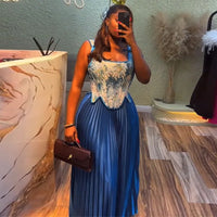 Floral Print Waist-cinching Corset +Pleated Long Skirts Set