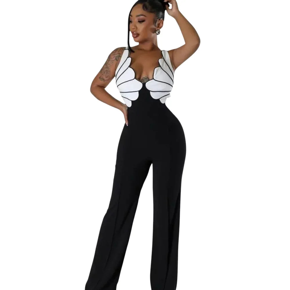V-Neck Wide Leg  Sleeveless  Patchwork Jumpsuit