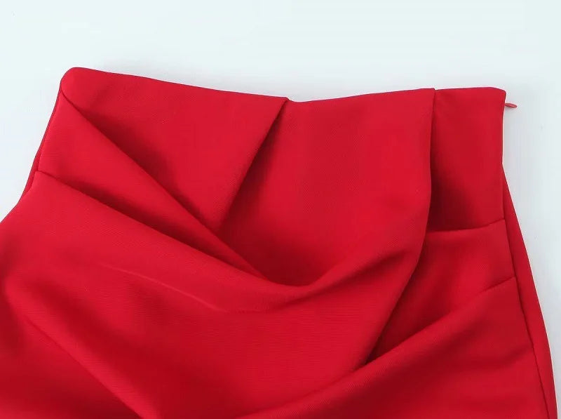 Red High Waist Pleated Mini Skirt