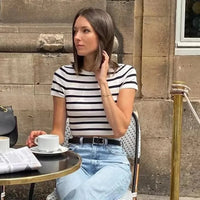 Striped Knitted Short Sleeve Crop Sweater