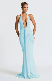 Deep V Neck Draped Ruched Sexy Maxi Dress