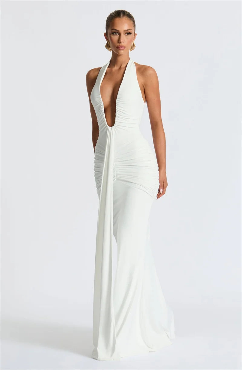 Deep V Neck Draped Ruched Sexy Maxi Dress