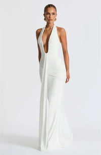 Deep V Neck Draped Ruched Sexy Maxi Dress