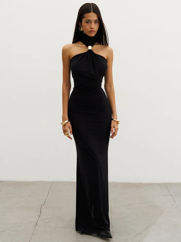 Metal Buckle Turtleneck  Maxi Dress