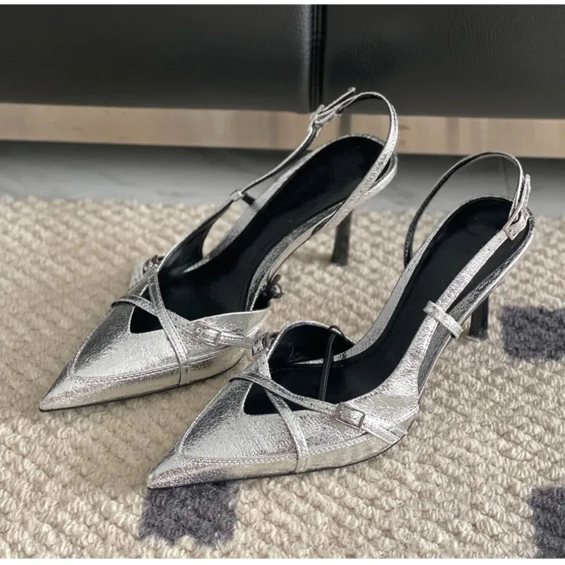 Elegant Pointed toe PU Leather Slingback Thin Heels