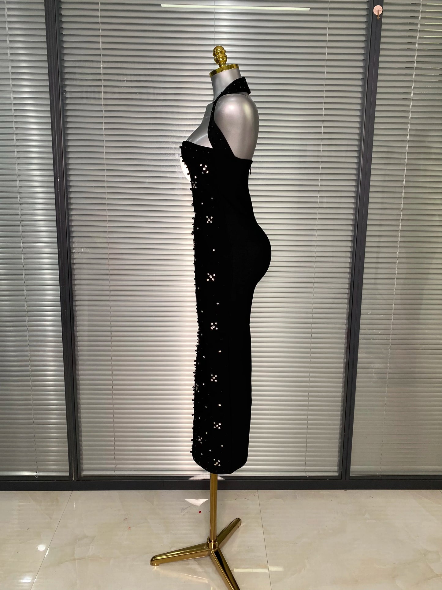 Halter Long Crystal Beaded Bandage Dress