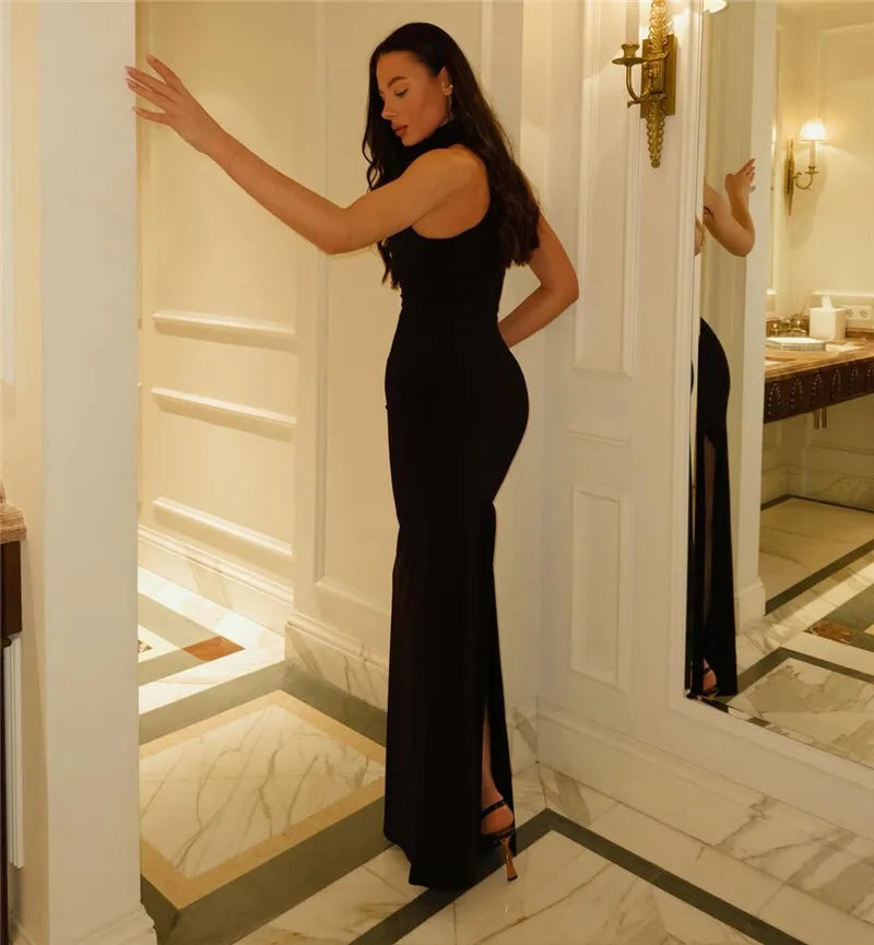 Metal Buckle Turtleneck  Maxi Dress