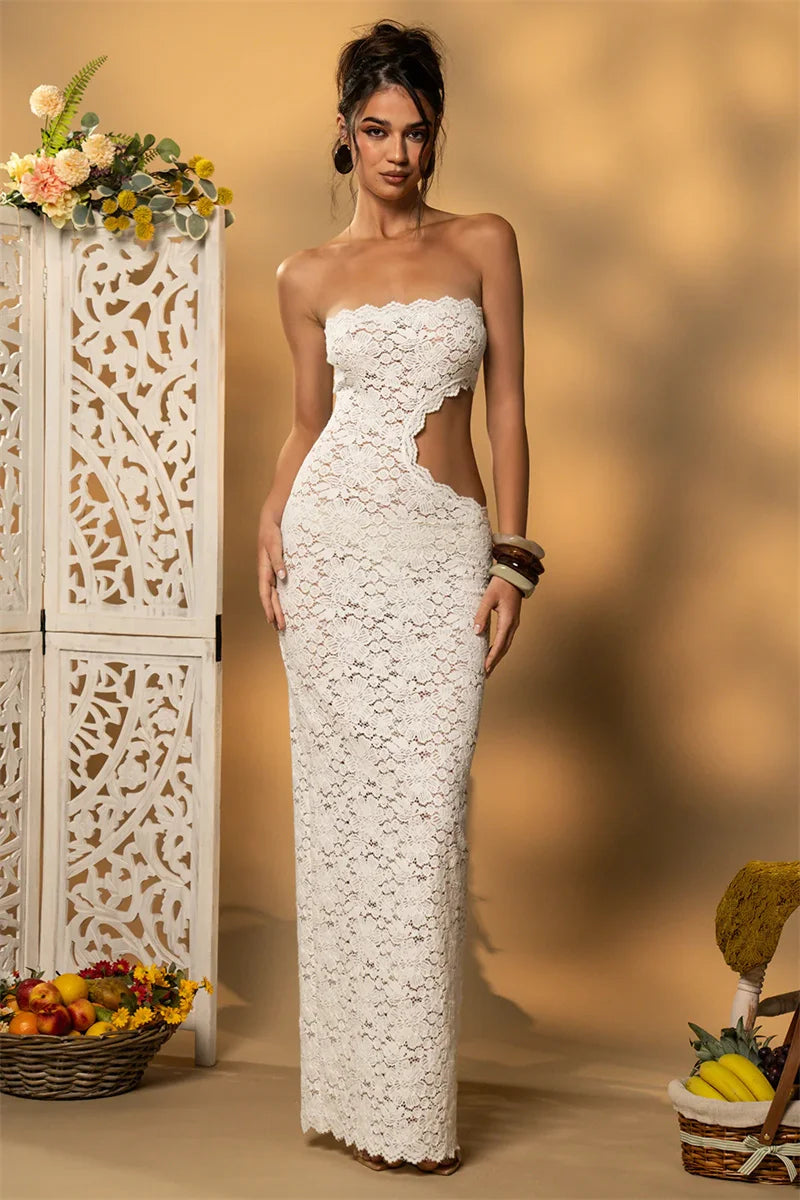 Lace Strapless Hollow Out  Maxi Dress