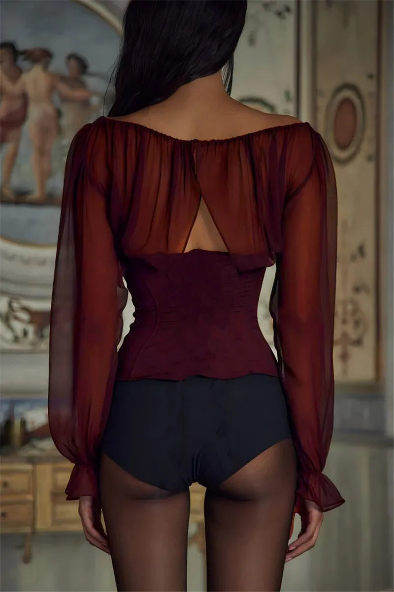 Wine Red Chiffon Long Sleeve Sexy Lace-up Blouse