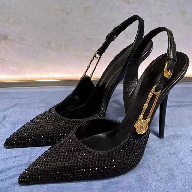 Luxury Rhinestone Sequined Buckle Pointed toe Slingback Stiletto