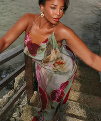 Split Thigh Backless Mesh Flower Design Maxi Dress