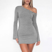 Inclined Shoulder Long Sleeve Sexy Mini Dress