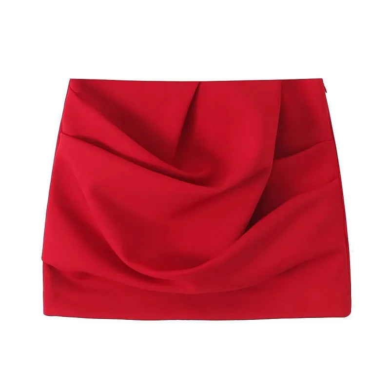 Red High Waist Pleated Mini Skirt