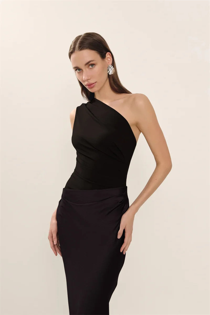 Satin Inclined Shoulder Sexy Maxi Dress