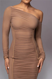 Diagonal Collar Long Sleeve Midi Dress