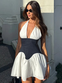 Patchwork Halter Denim Backless Sexy Mini Dress