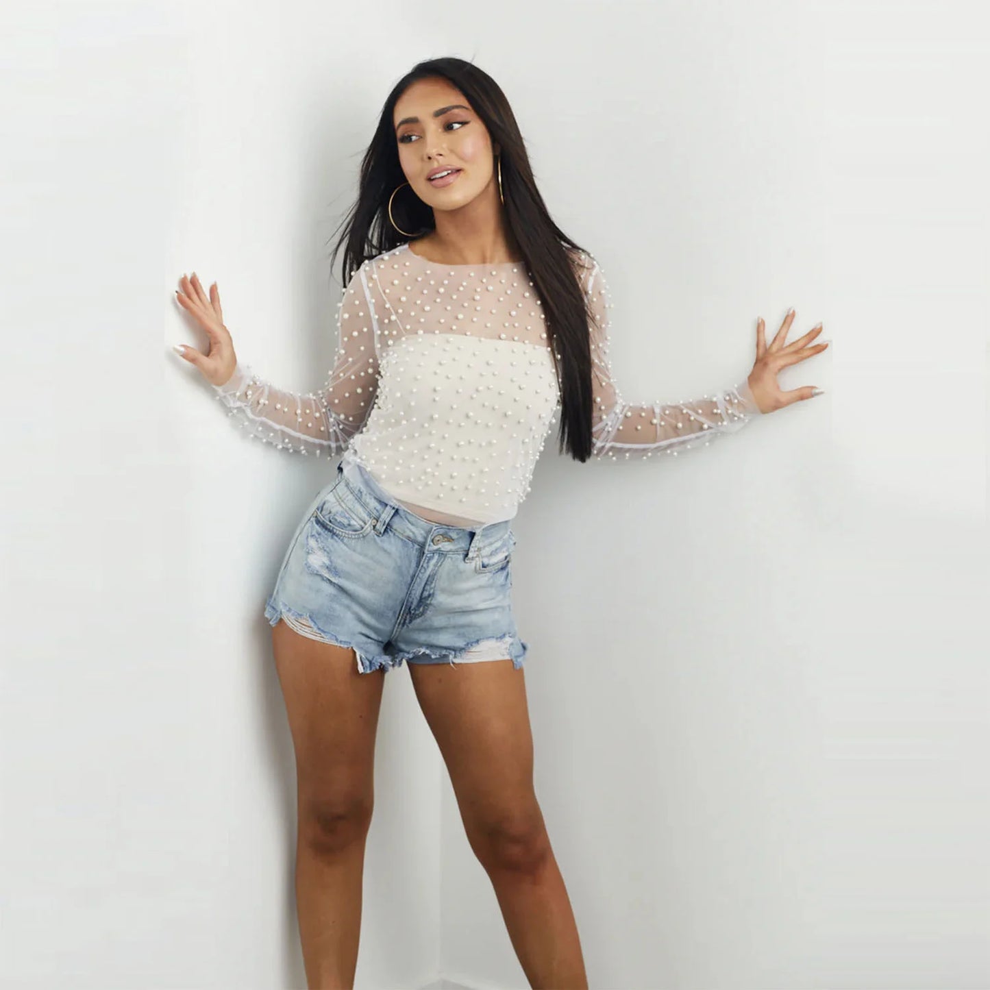 Pearl Mesh See Through Long Sleeve T-shirt