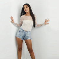 Pearl Mesh See Through Long Sleeve T-shirt