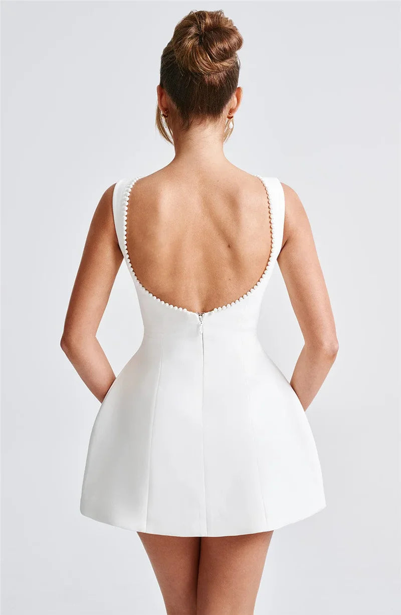 Pearl Bow Backless Sexy Mini Dress