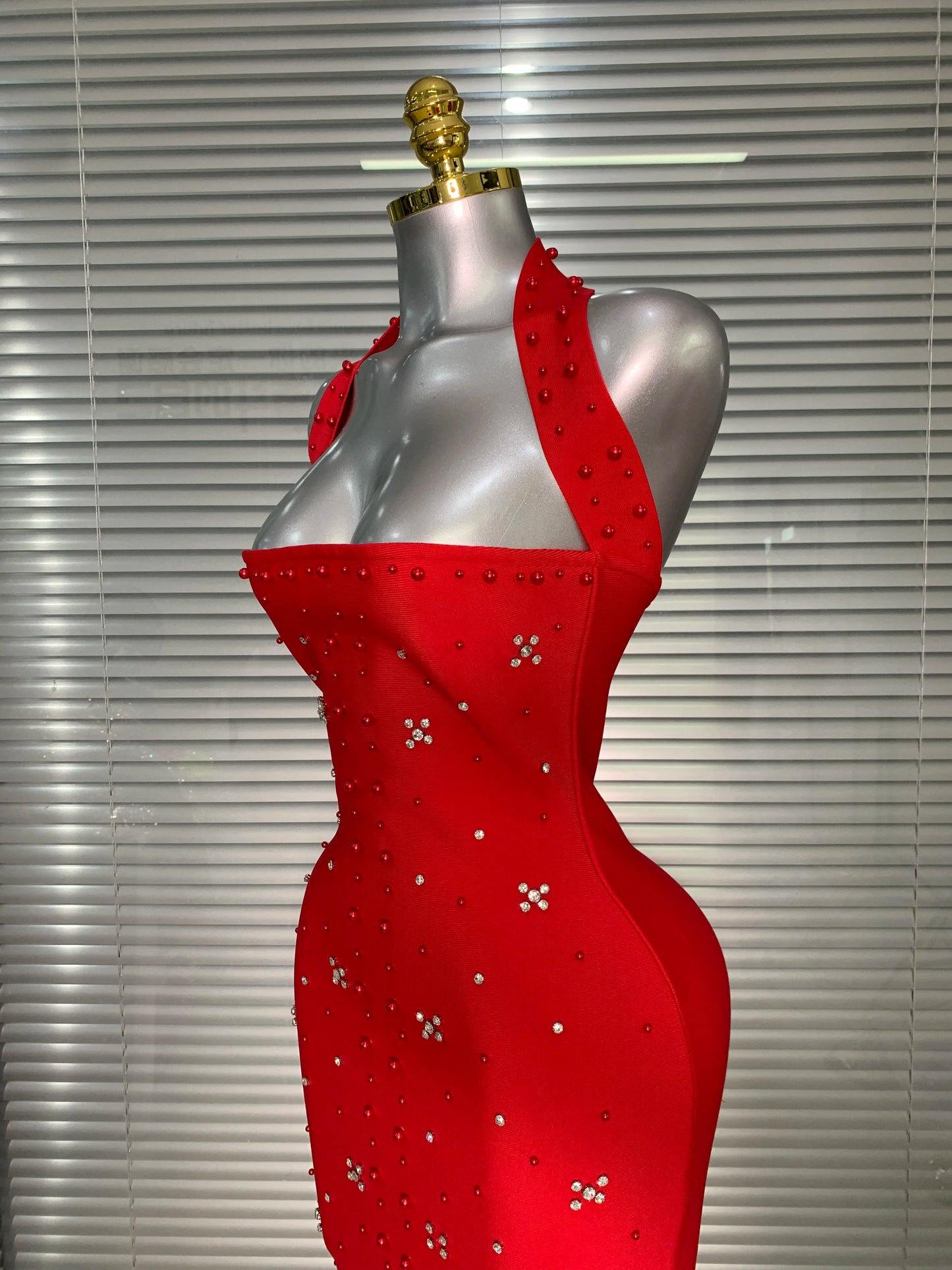 Halter Long Crystal Beaded Bandage Dress