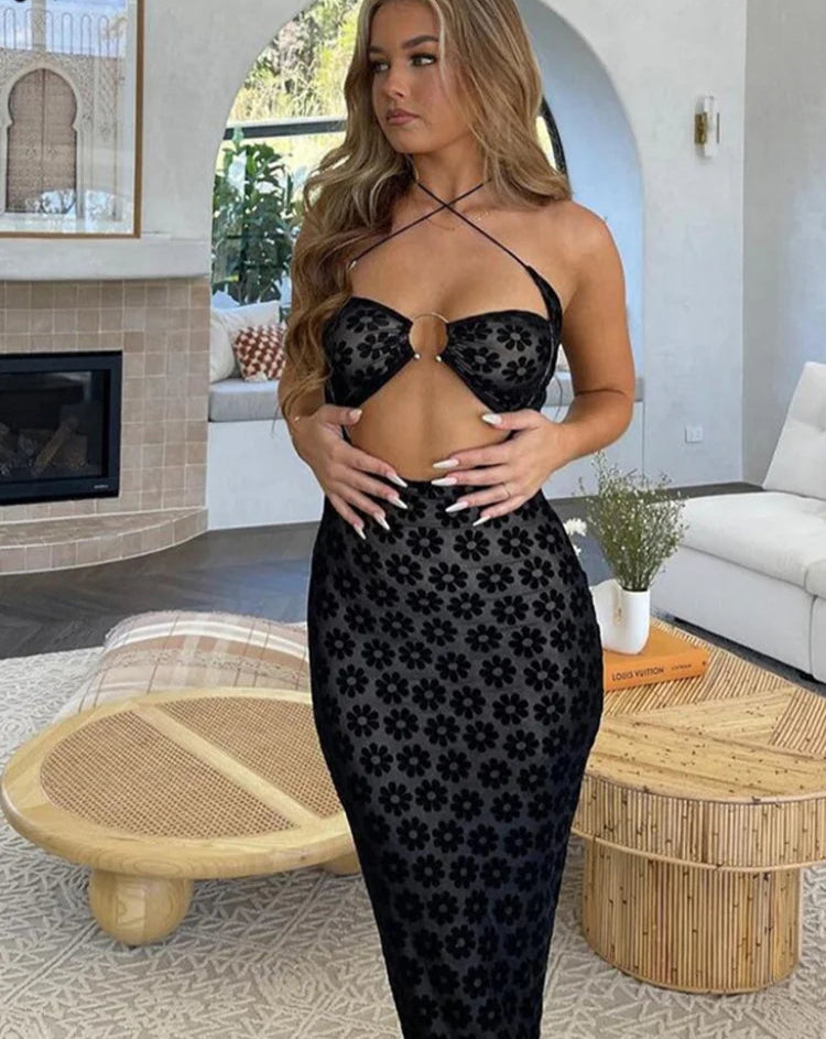 Solid Color Hanging Neck Maxi Dress