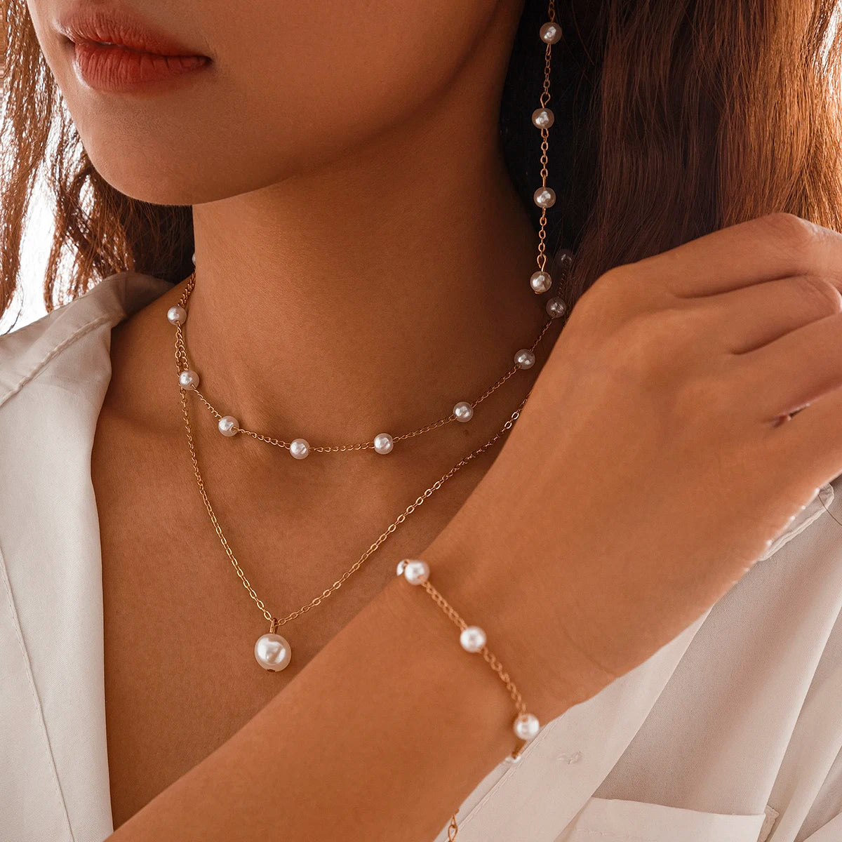 Imitation Pearl Chain Necklace Bracelet Drop Earring Set