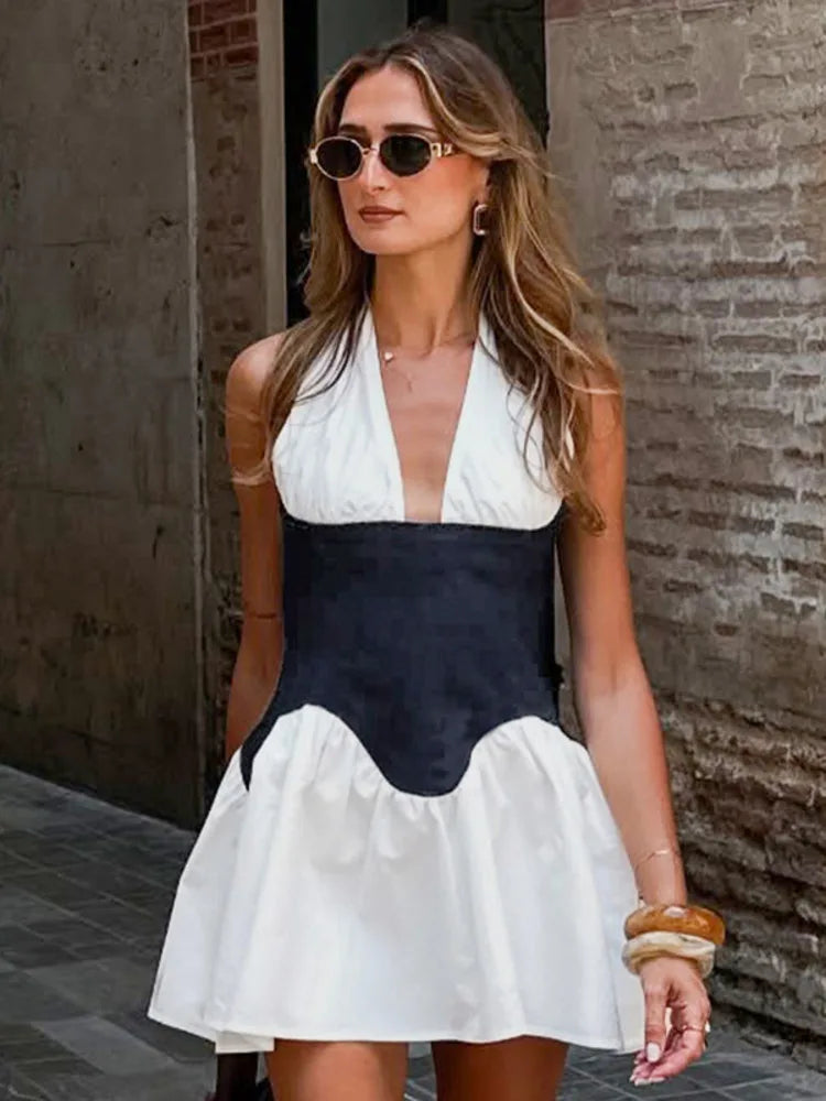 Patchwork Halter Denim Backless Sexy Mini Dress