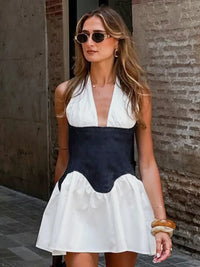Patchwork Halter Denim Backless Sexy Mini Dress