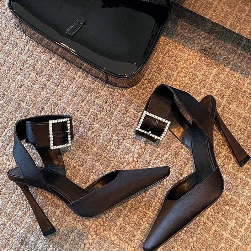 Luxury Satin Rhinestones Square Buckle Pumps