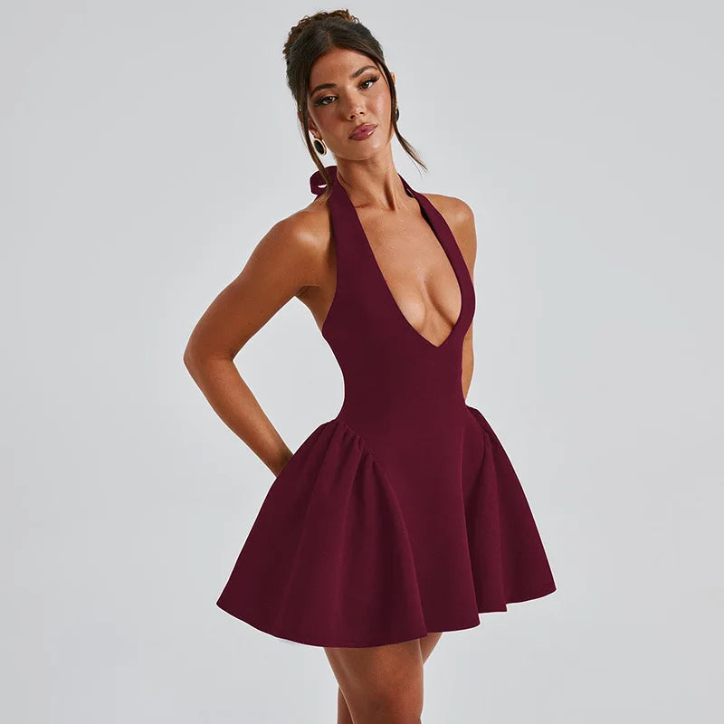 Elegant Halter High Waist A-line Deep V Neck Mini Dress