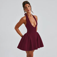 Elegant Halter High Waist A-line Deep V Neck Mini Dress